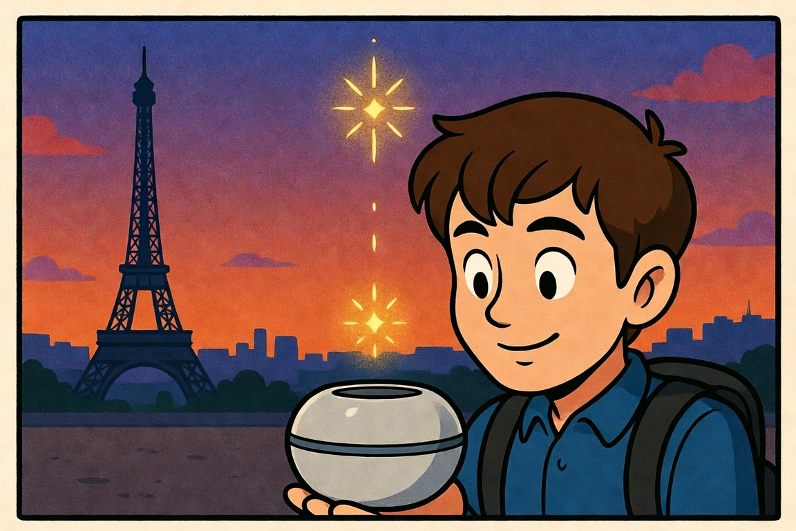 A traveler scans into the Orb in Paris, 2022 — a golden spark rises