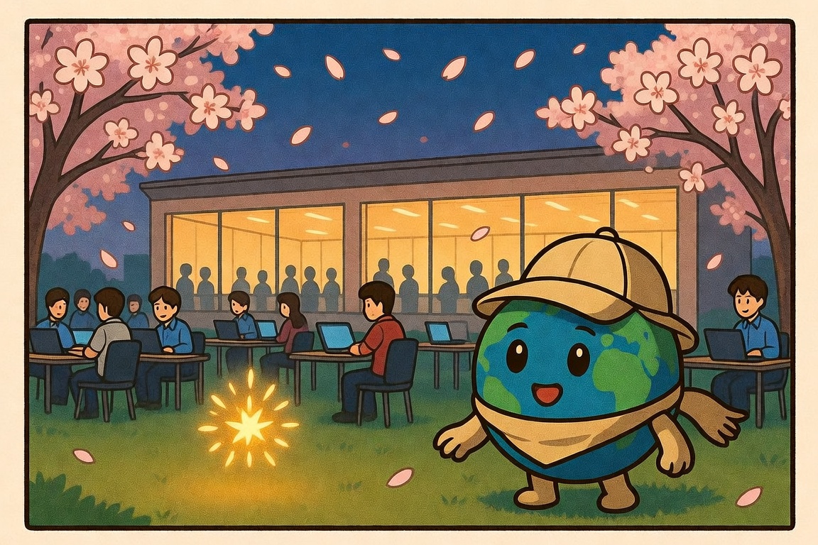 The golden spark meets Globy under the cherry blossoms in Tokyo