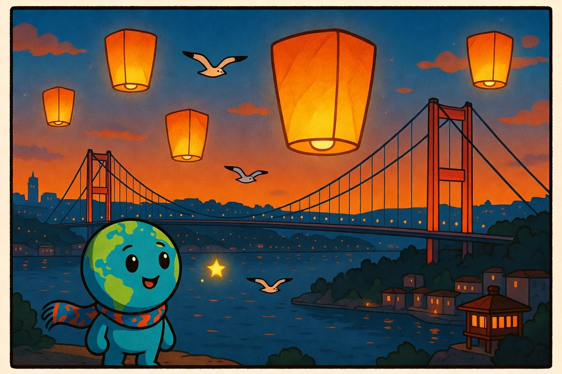 Globy and the spark watch lanterns over the Bosphorus bridge