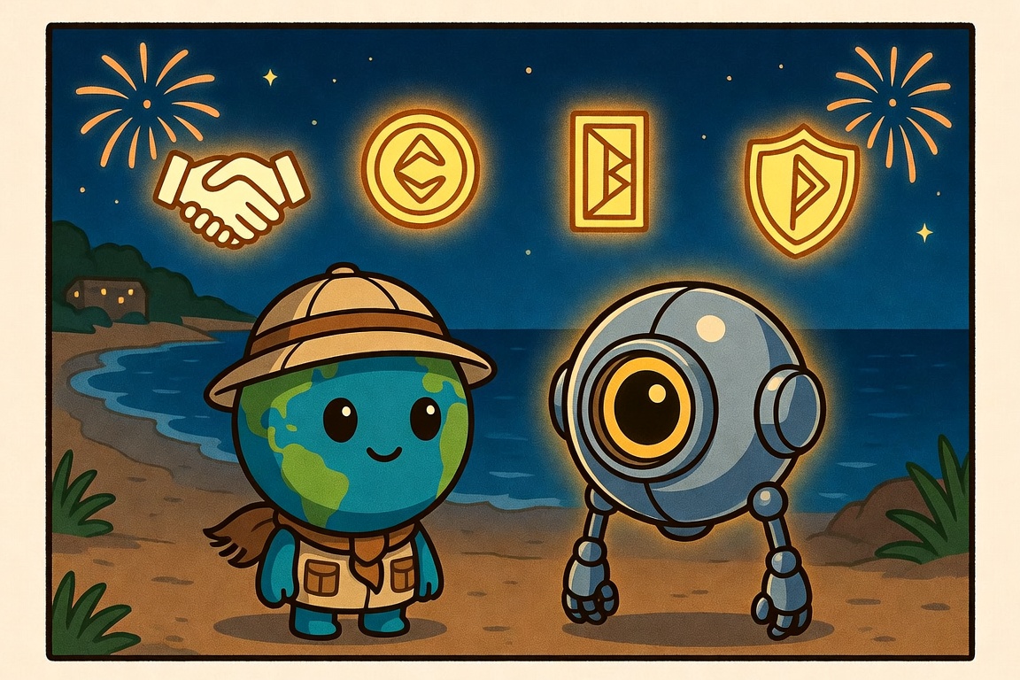 Four glowing vows above Globy and the young orb robot by the sea in Cannes