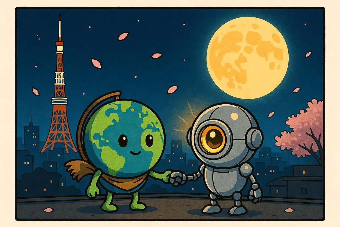 Globy and Orbie holding hands under the harvest moon over Tokyo